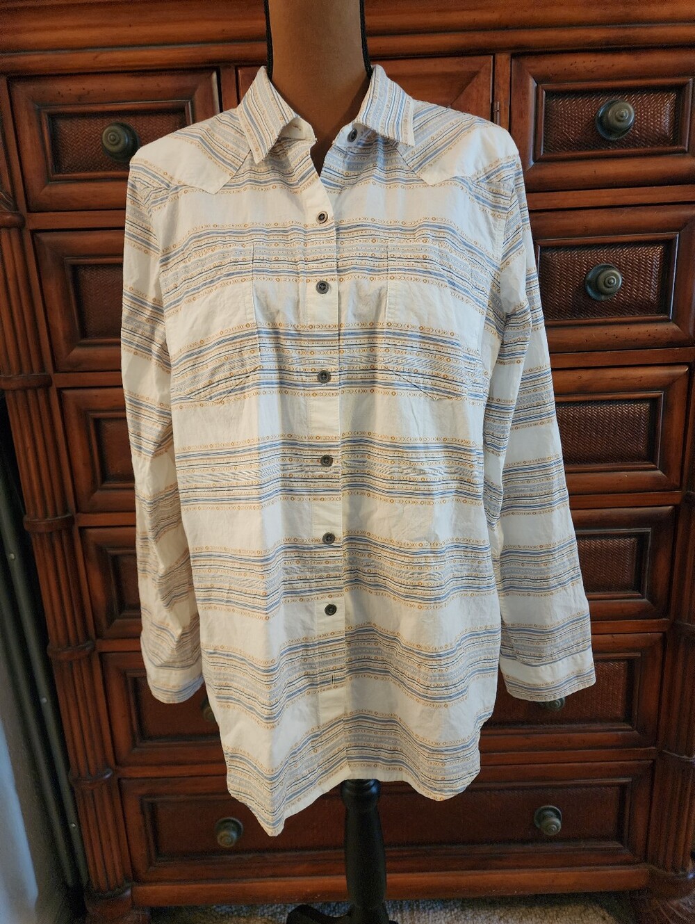 Ariat REAL Billie Jean Relaxed Fit Striped Button-Up Shirt in White, Tan, Blue
